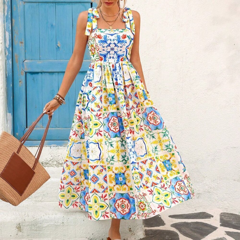 Multicolor Boho Women's Woven Printed Sleeveless Ankle Dress